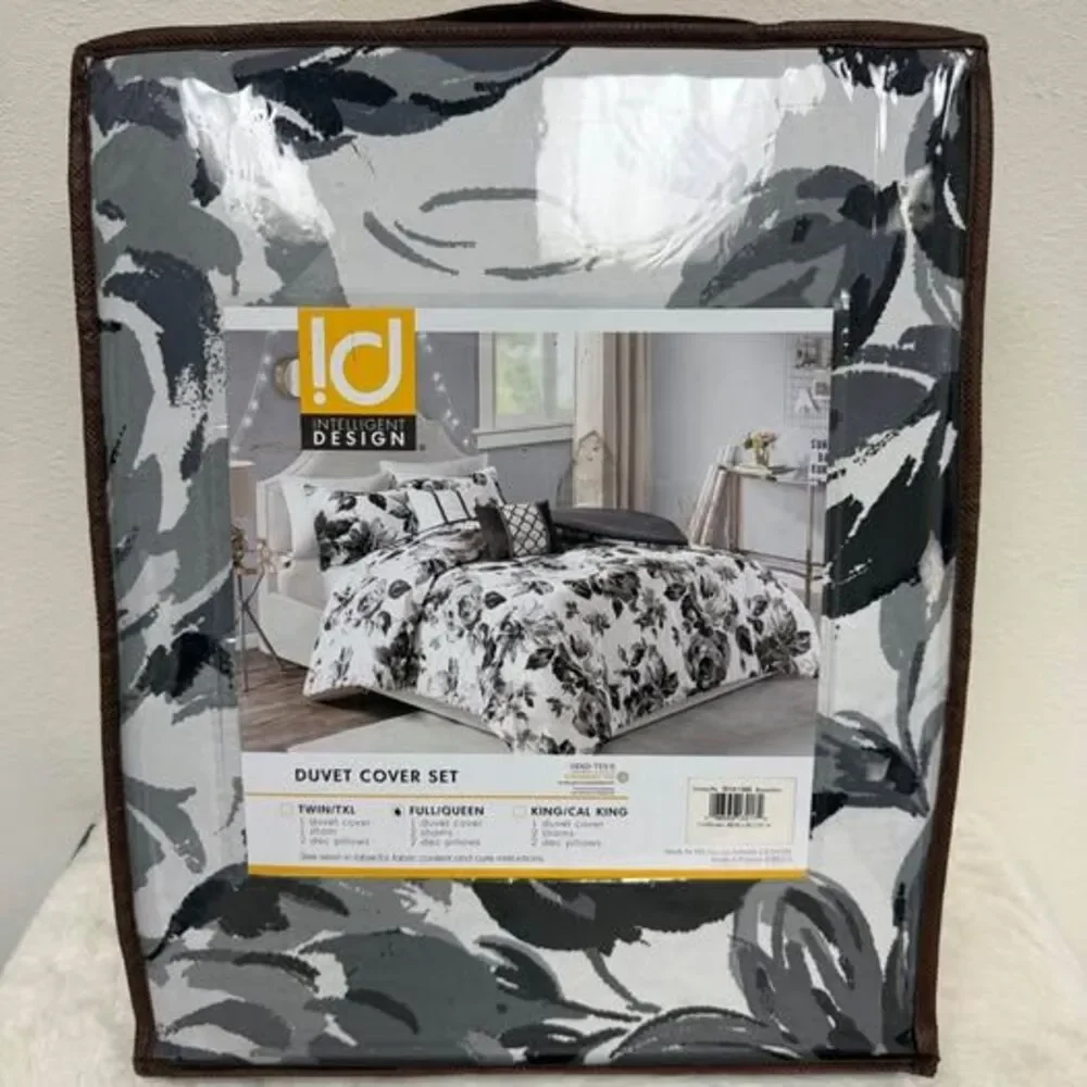 5-Piece Queen/Full Duvet Set Floral Black/White New
